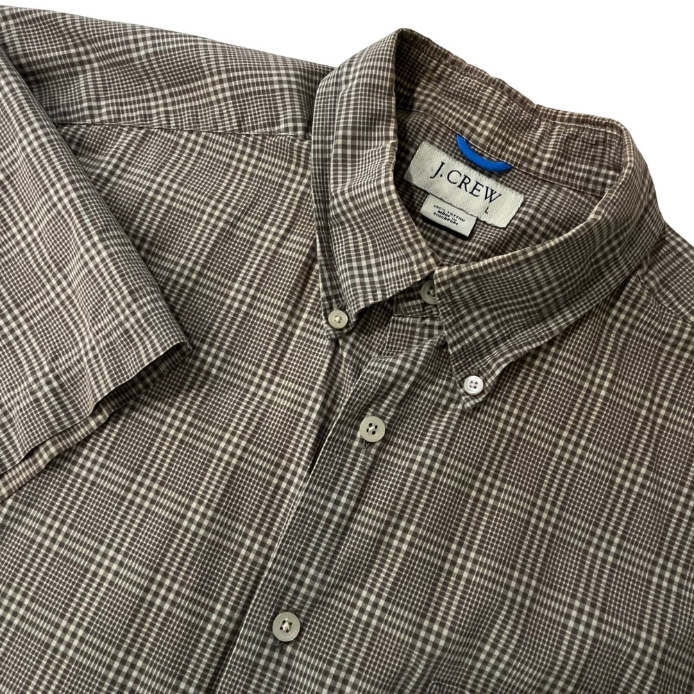 J. Crew Mens Button Down Shirt L Brown Plaid Cotton Short Sleeve Office Casual